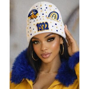 Sigma Gamma Rho Beanie White design with logo's Gold and blue rhinestones (NWT)